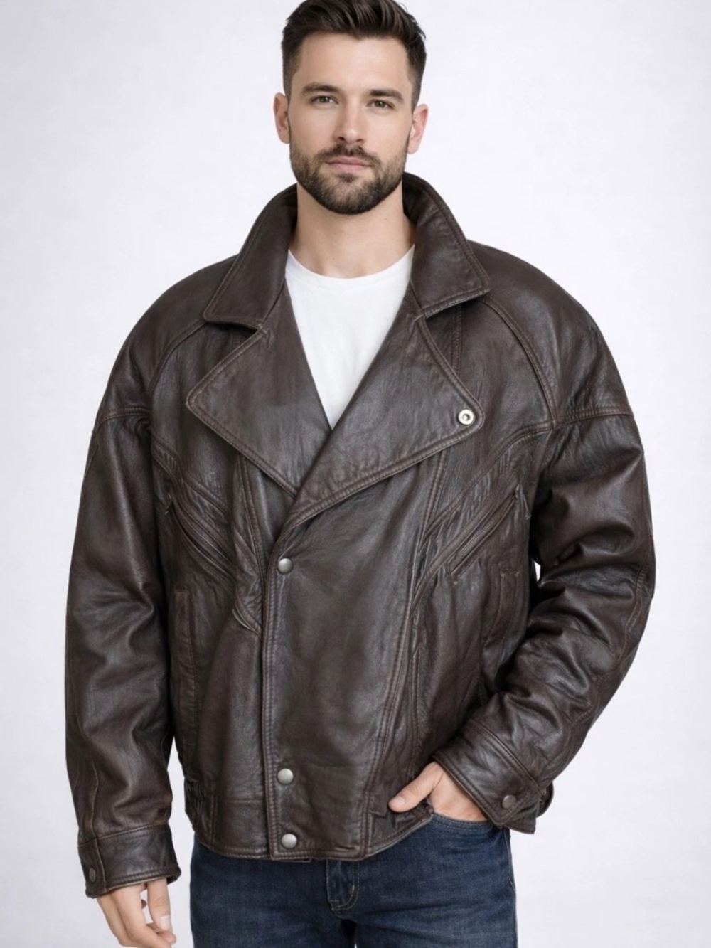 Vintage Men's Dark Brown Leather Bomber Jacket - Classic Moto Style